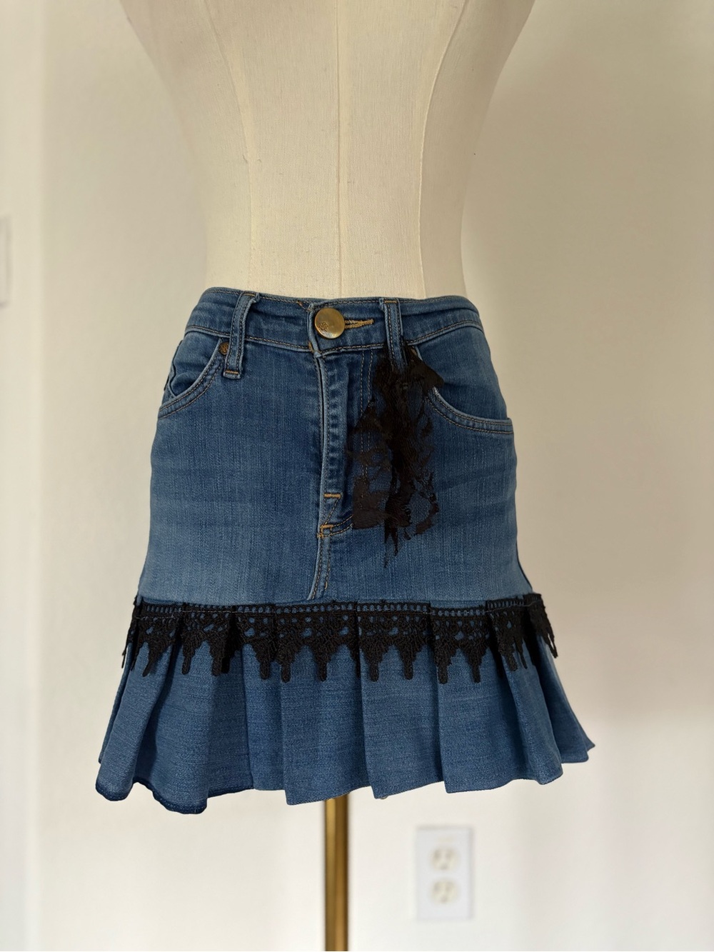 Blue Denim Mini Skirt with Black Lace Trim